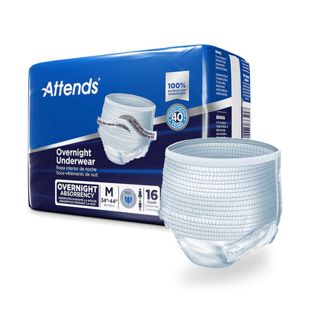 Attends Overnight Underwear with Extended Wear Protection, Medium-Unisex Adult Absorbent Underwear Attends Overnight Pull On with Tear Away Seams Medium Disposable Heavy Absorbency
