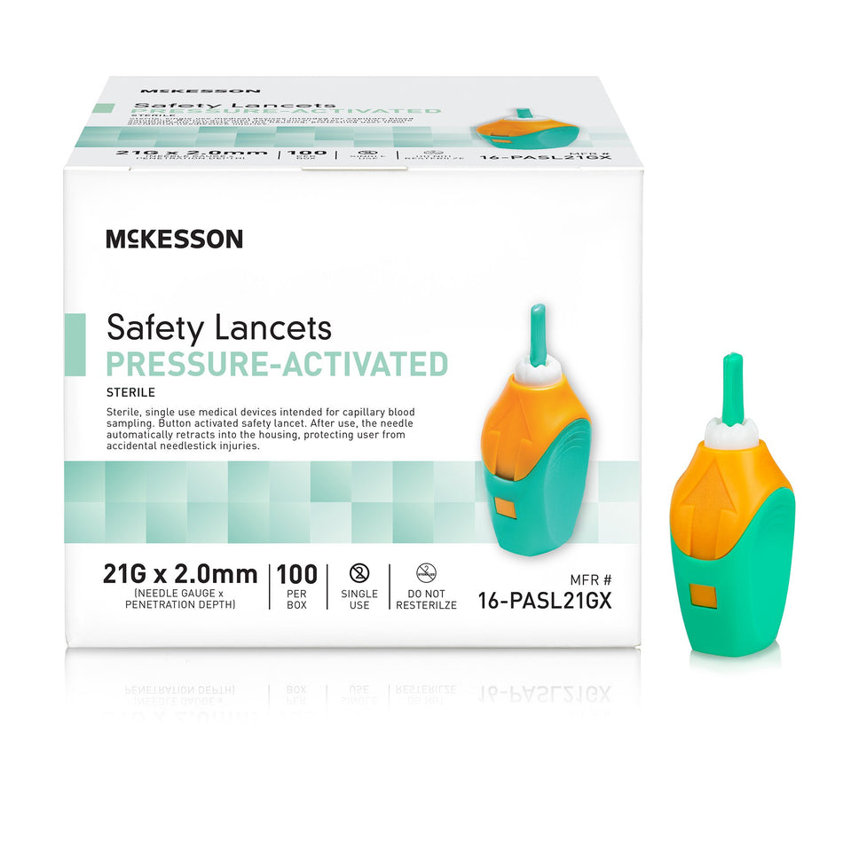 McKesson Pressure Activated Safety Lancets, 21 Gauge, Green-Safety Lancet McKesson 21 Gauge Retractable Pressure Activated Finger