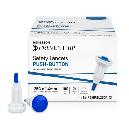 McKesson Prevent HP Push Button Safety Lancet, 25 Gauge, 1.4 mm-Safety Lancet McKesson Prevent HP 25 Gauge Retractable Push Button Activation Finger