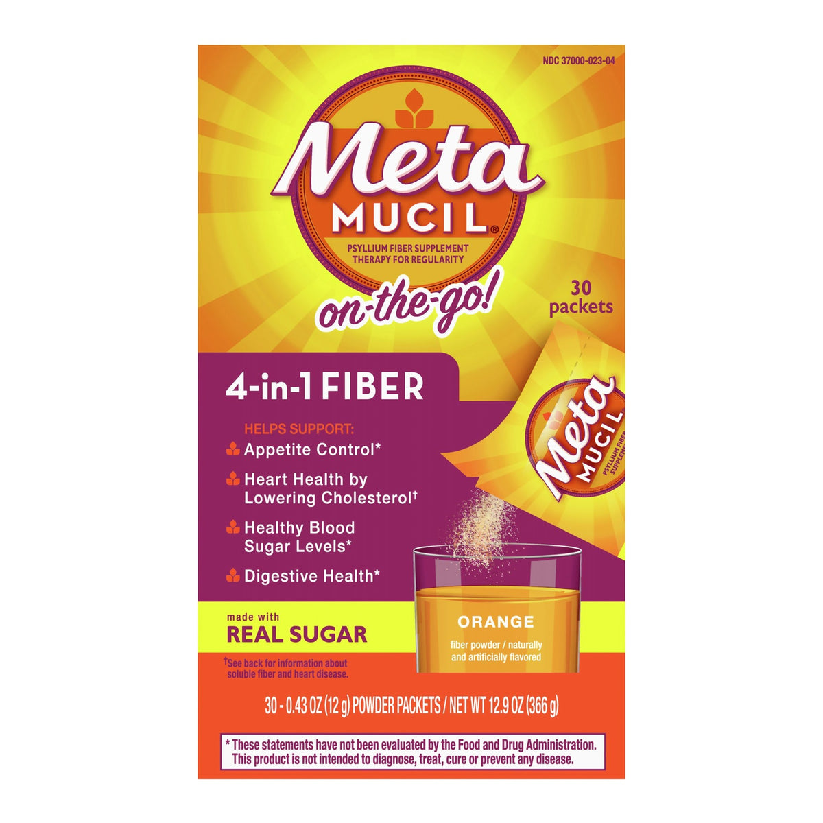 Metamucil Psyllium Fiber Supplement On-the-Go! Orange-Fiber Supplement Metamucil Orange Flavor Powder 30 per Box 3.4 Gram Strength Psyllium Husk