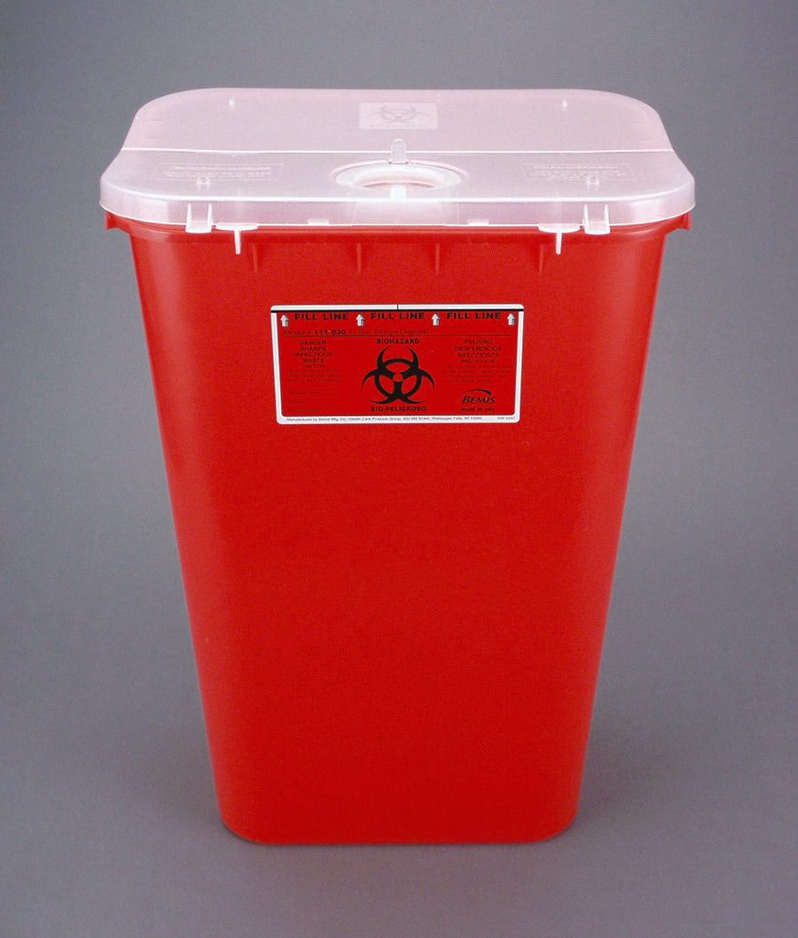 Bemis Sentinel Mailback Sharps Container, 11 Gallon, 22-1/2 x 16-1/2 x 11-13/16 Inch-Sharps Container Bemis Sentinel Red Base 22-1/2 H X 16-1/2 L X 11-13/16 W Inch Horizontal / Vertical Entry 11 Gallon