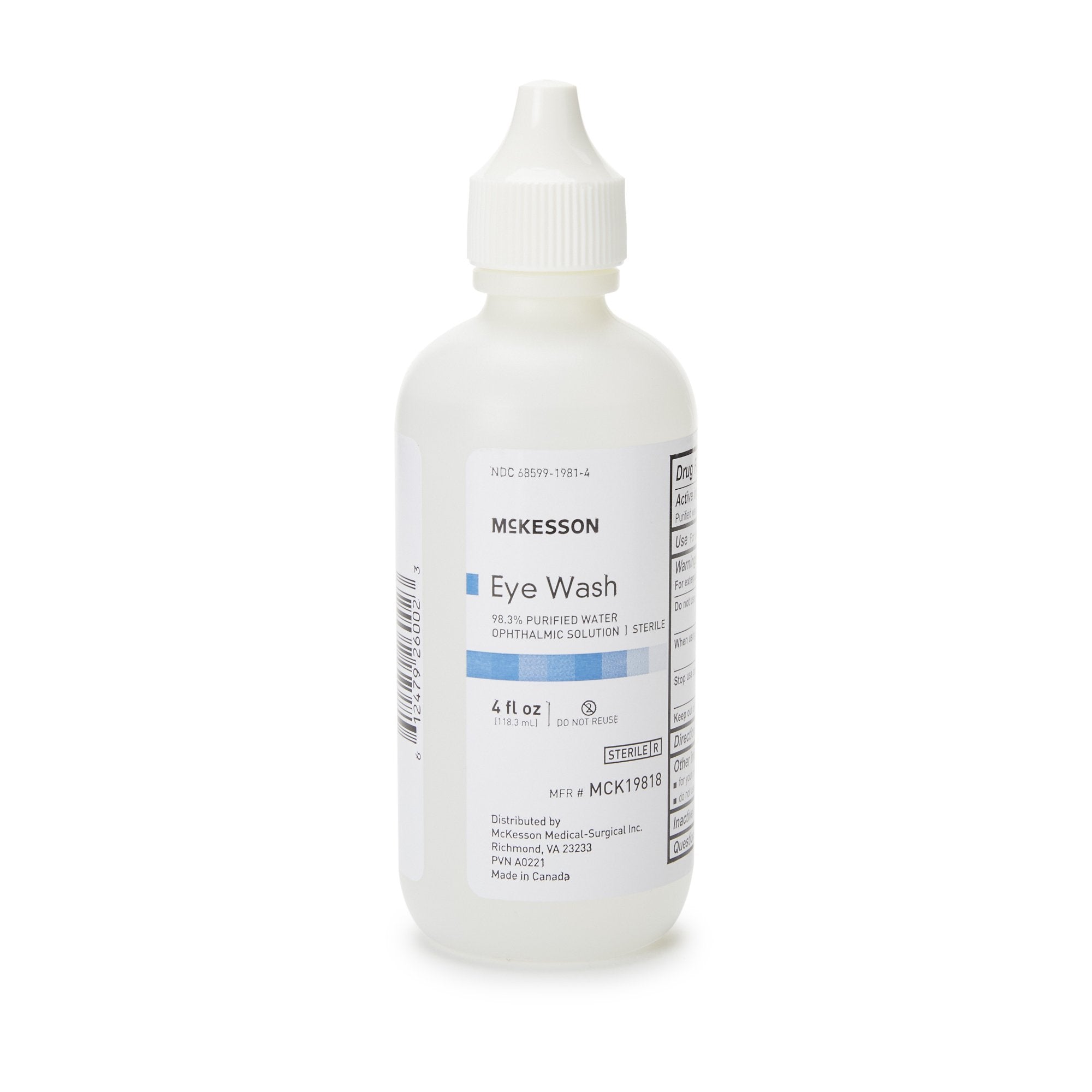 McKesson Eye Wash Solution, 4-ounce Squeeze Bottle-"Eye Wash Solution McKesson Active ingredient: 98.3% Purified Water Inactive ingredients: boric acid, sodium borate, sodium chloride 4 oz. Squeeze Bottle"