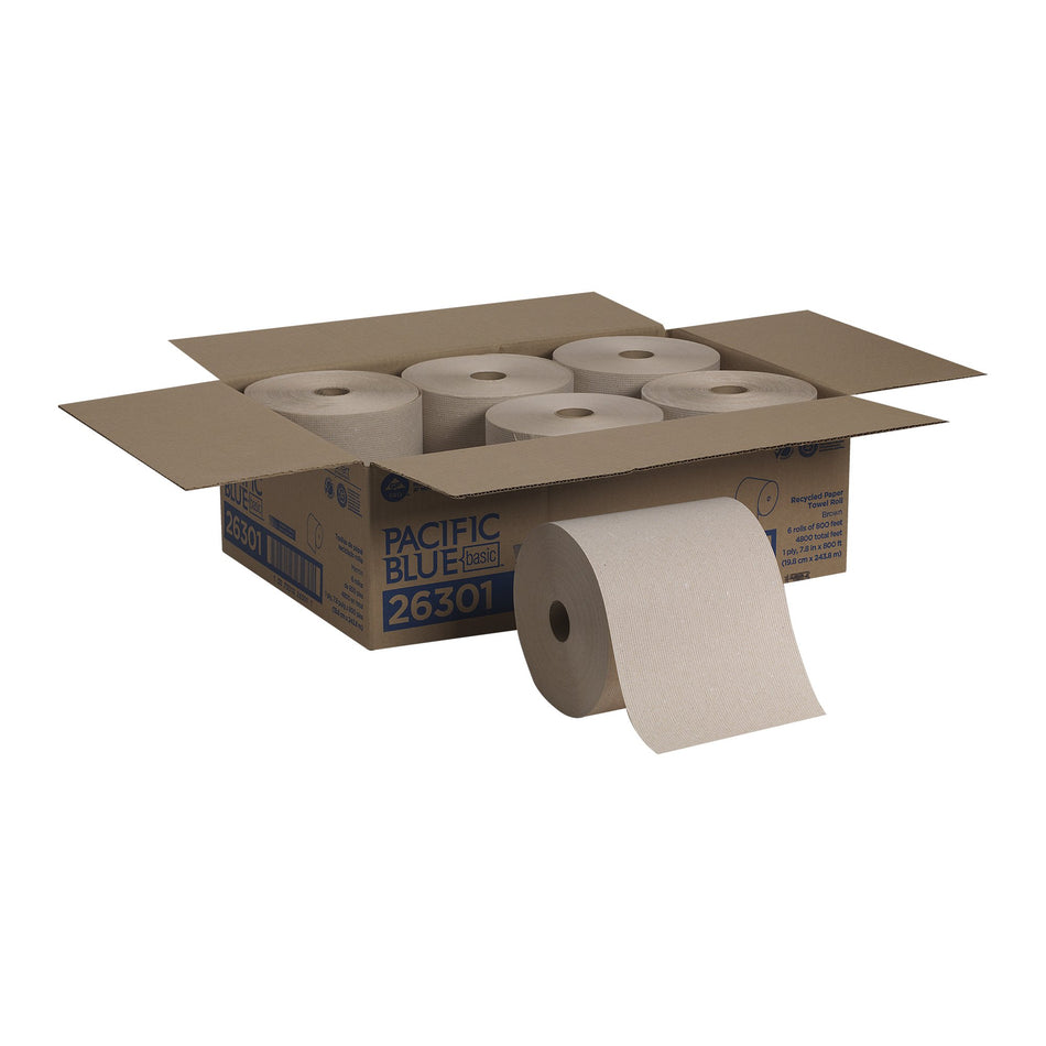 Pacific Blue Basic Brown Paper Towel, 7-7/8 Inch x 800 Foot, 6 Rolls per Case-Paper Towel Pacific Blue Basic Hardwound Roll 7-7/8 Inch X 800 Foot