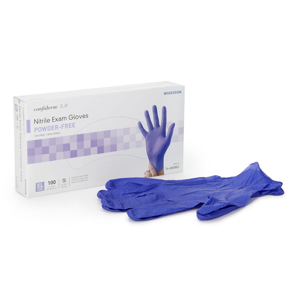 McKesson Confiderm 3.0 Nitrile Exam Glove, Extra Large, Blue-Exam Glove McKesson Confiderm 3.0 X-Large NonSterile Nitrile Standard Cuff Length Textured Fingertips Blue Not Rated