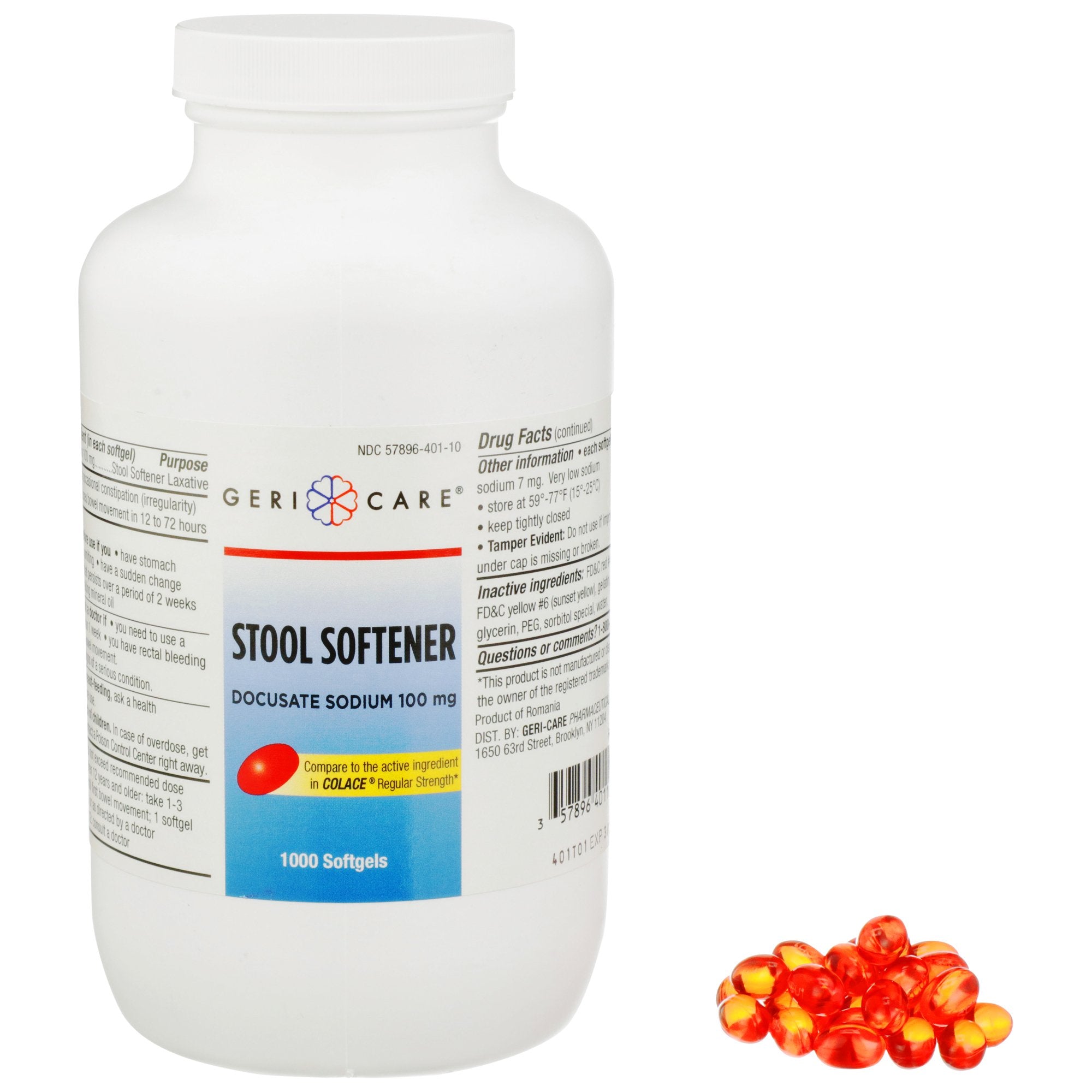 Geri-Care Docusate Sodium Stool Softener-"Stool Softener Geri-Care Softgel 1,000 per Bottle 100 mg Strength Docusate Sodium"