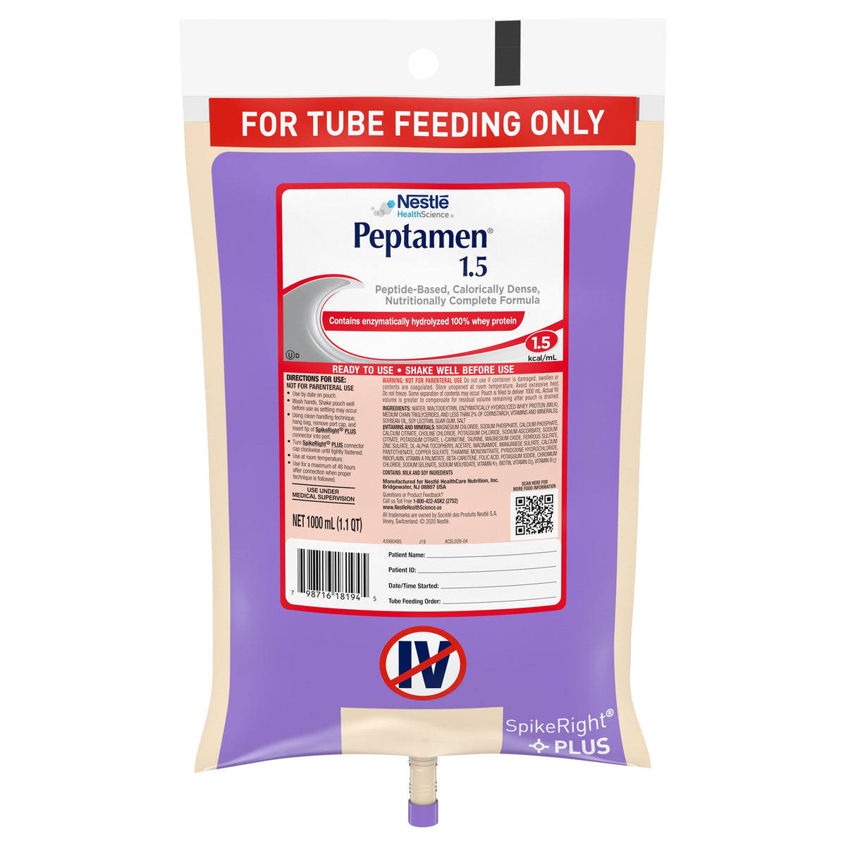 Peptamen 1.5 Peptide-Based, Calorically Dense, Nutritionally Complete Formula, 1 Liter Bag-Tube Feeding Formula Peptamen 1.5 Unflavored Liquid 1000 mL Ready to Hang Prefilled Container