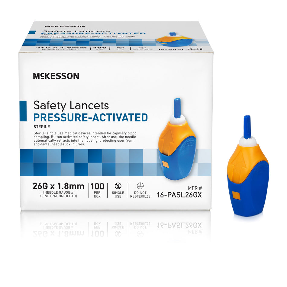 McKesson Pressure Activated Safety Lancets, 26 Gauge, Blue-Safety Lancet McKesson 26 Gauge Retractable Pressure Activated Finger