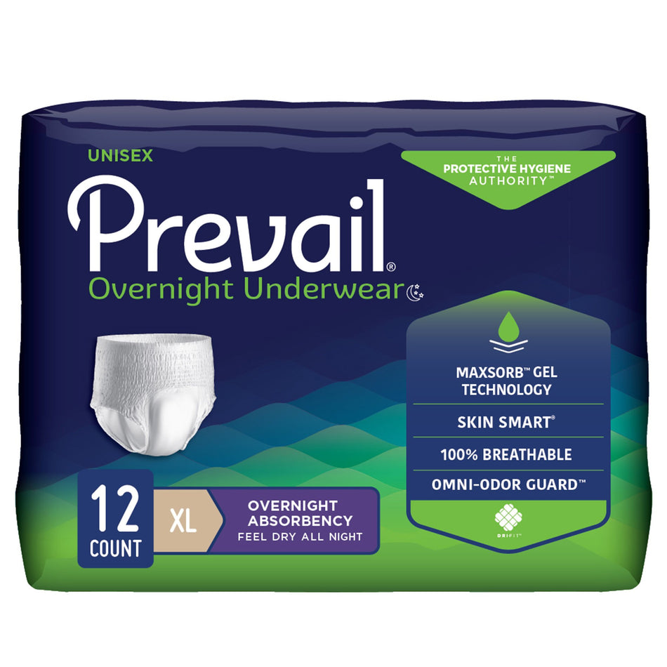 Prevail Overnight Absorbent Underwear, Extra Large-Unisex Adult Absorbent Underwear Prevail Overnight Pull On with Tear Away Seams X-Large Disposable Heavy Absorbency