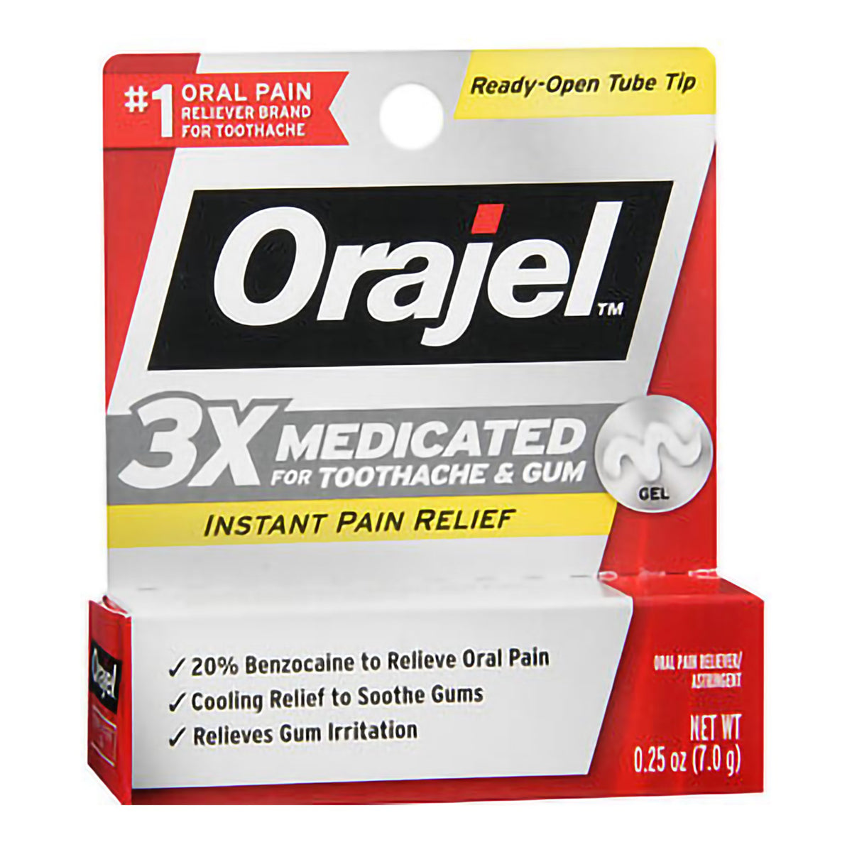 Orajel 3X Medicated for Toothache & Gum Gel-Oral Pain Relief Orajel 20% Strength Benzocaine Oral Gel 0.25 oz.