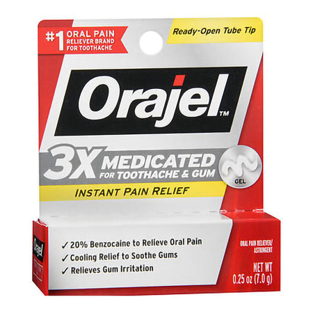 Orajel 3X Medicated for Toothache & Gum Gel-Oral Pain Relief Orajel 20% Strength Benzocaine Oral Gel 0.25 oz.