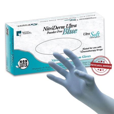 NitriDerm Ultra Blue Nitrile Exam Glove, Medium, Light Blue-Exam Glove NitriDerm Ultra Blue Medium NonSterile Nitrile Standard Cuff Length Fully Textured Light Blue Chemo Tested / Fentanyl Tested