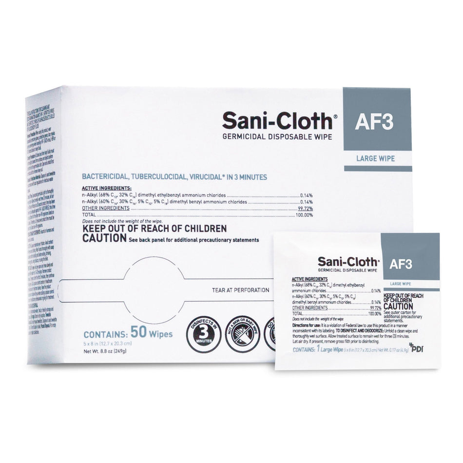 Sani-Cloth AF3 Germicidal Large Disinfectant Wipes, Individual Packet, 50 ct.-Sani-Cloth AF3 Surface Disinfectant Cleaner Premoistened Germicidal Manual Pull Wipe 50 Count Individual Packet Unscented NonSterile