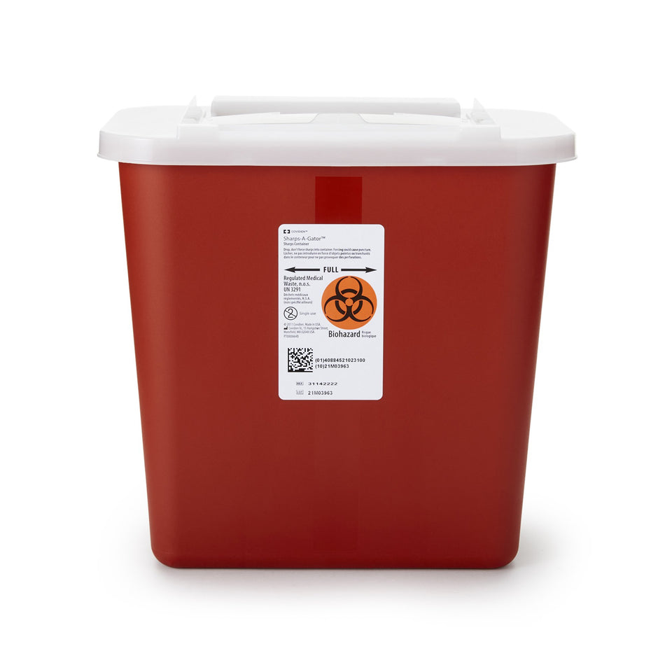 Sharps-A-Gator Sharps Container, 2 Gallon, 10-1/4 x 7 x 10-1/2 Inch-Sharps Container Sharps-A-Gator Red Base 10-1/4 H X 7 D X 10-1/2 W Inch Vertical Entry 2 Gallon