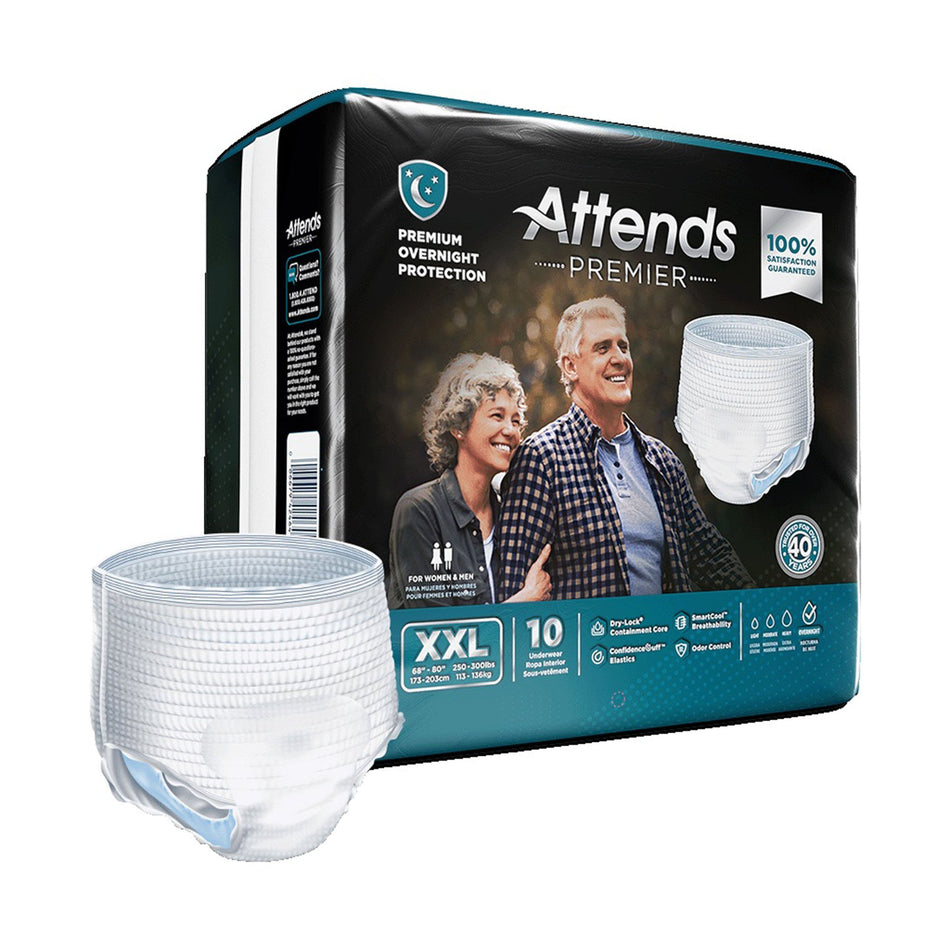 Attends Premier Absorbent Underwear, 2X Large-Unisex Adult Absorbent Underwear Attends Premier Pull On with Tear Away Seams 2X-Large Disposable Heavy Absorbency