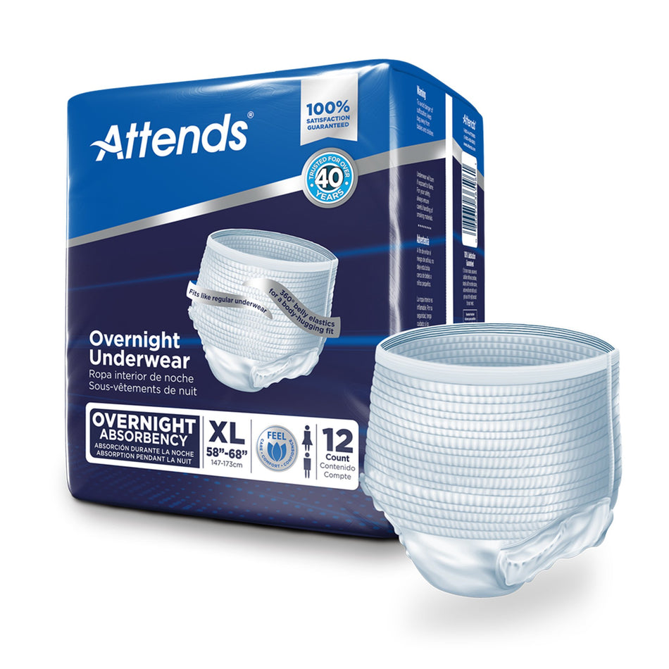 Attends Overnight Underwear with Extended Wear Protection, X-Large-Unisex Adult Absorbent Underwear Attends Overnight Pull On with Tear Away Seams X-Large Disposable Heavy Absorbency