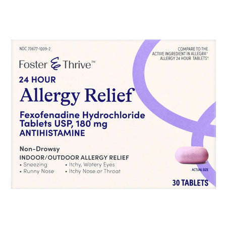 Foster & Thrive 24 Hour Allergy Relief Fexofenadine HCl USP 180 mg Tablets-Allergy Relief Foster & Thrive 180 mg Strength Tablet 30 per Box