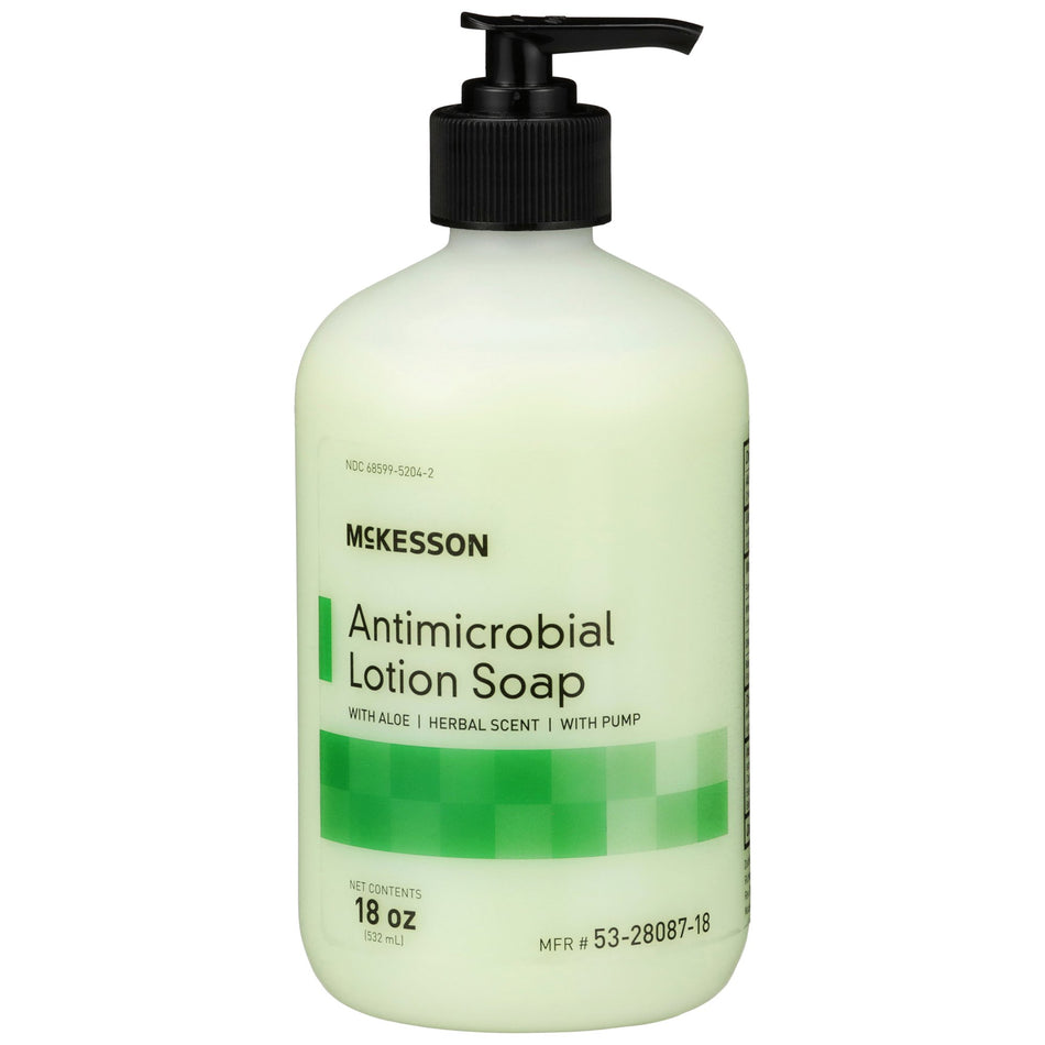 McKesson Antimicrobial Lotion Soap, Herbal Scent, 18 oz, Pump Bottle, Green, 0.95% Strength-Antimicrobial Soap McKesson Lotion 18 oz. Pump Bottle Herbal Scent