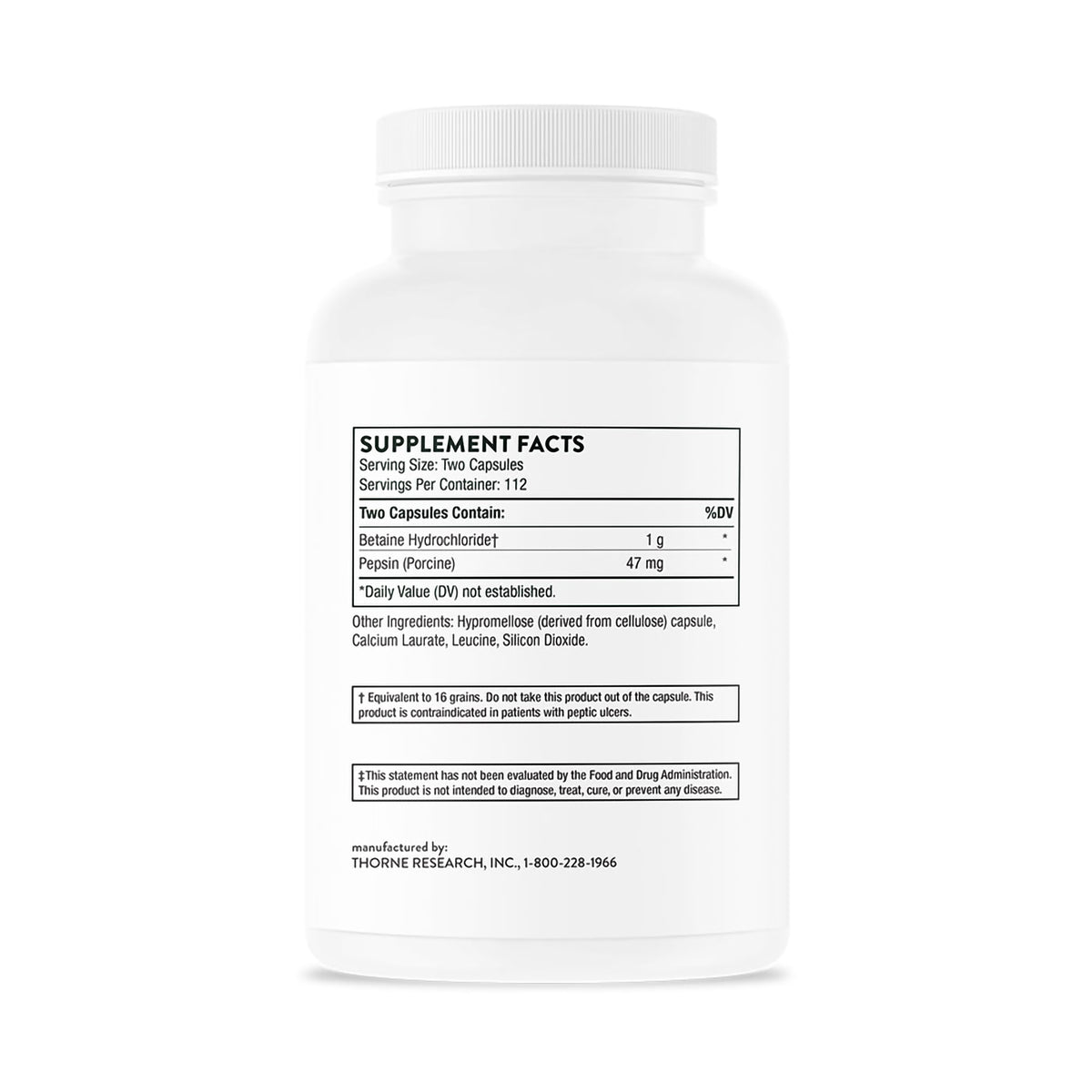 Thorne Betaine HCL & Pepsin Dietary Supplement-Dietary Supplement THORNE Betaine HCL / Pepsin Betaine Hydrochloride / Pepsin (Porcine) 1 g - 47 mg Strength Capsule 225 per Bottle