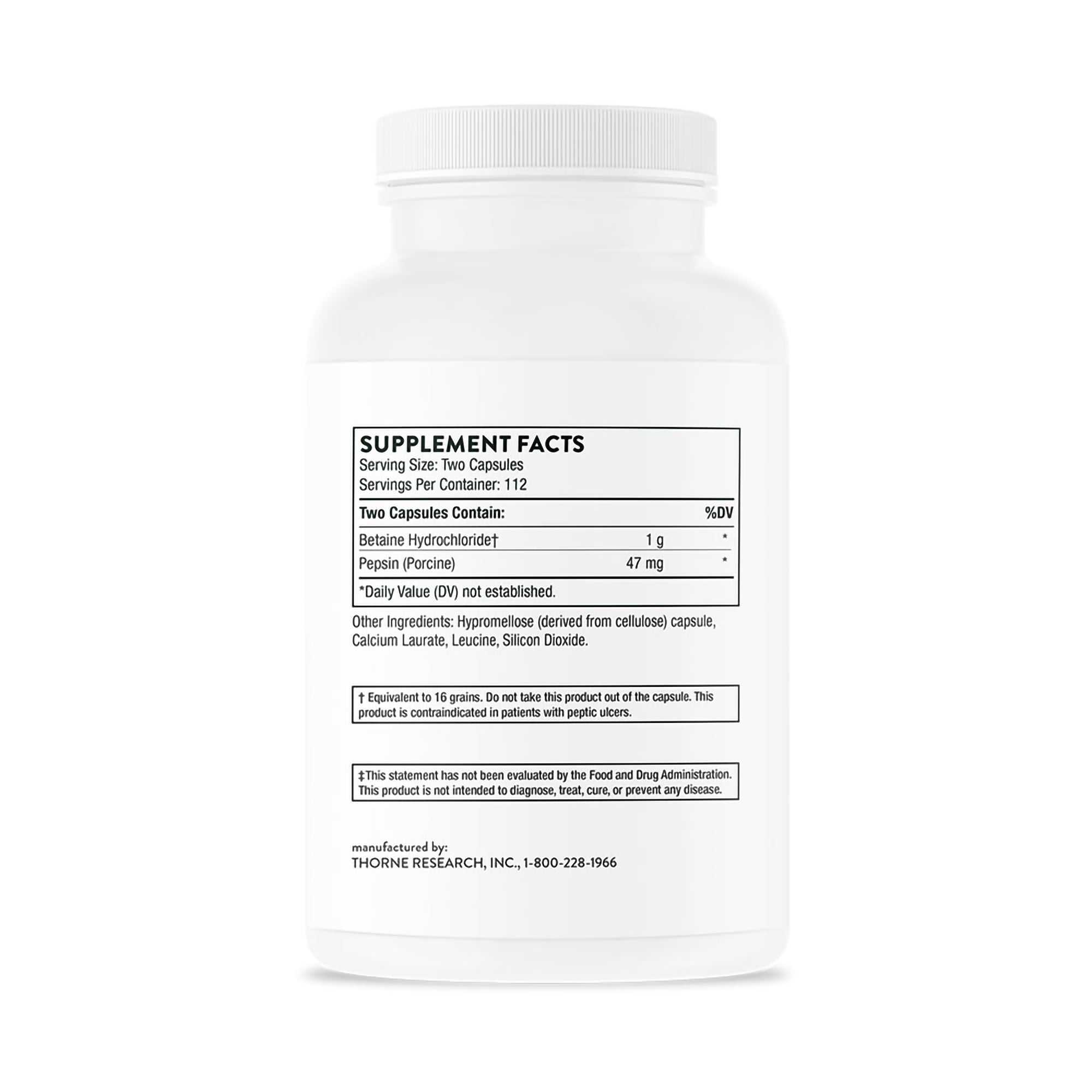 Thorne Betaine HCL & Pepsin Dietary Supplement-Dietary Supplement THORNE Betaine HCL / Pepsin Betaine Hydrochloride / Pepsin (Porcine) 1 g - 47 mg Strength Capsule 225 per Bottle