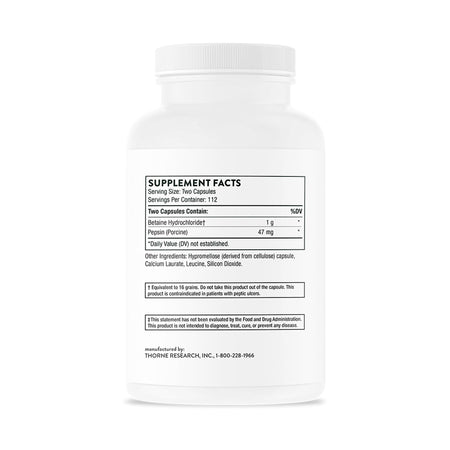Thorne Betaine HCL & Pepsin Dietary Supplement-Dietary Supplement THORNE Betaine HCL / Pepsin Betaine Hydrochloride / Pepsin (Porcine) 1 g - 47 mg Strength Capsule 225 per Bottle