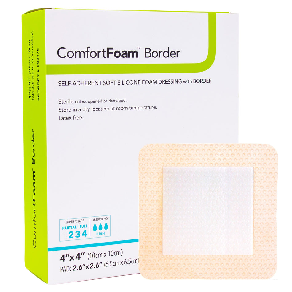 ComfortFoam� Border Silicone Foam Dressing, 4 x 4 Inch-Foam Dressing ComfortFoam� Border 4 X 4 Inch With Border Waterproof Backing Silicone Adhesive Square Sterile