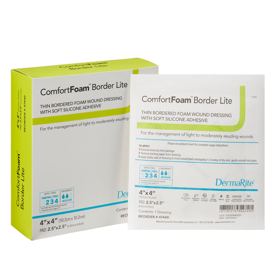 ComfortFoam� Border Lite Silicone Adhesive with Border Thin Silicone Foam Dressing, 4 x 4 Inch-Thin Foam Dressing ComfortFoam� Border Lite 4 X 4 Inch With Border Waterproof Backing Silicone Adhesive Square Sterile