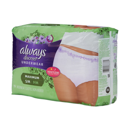 Always Discreet Maximum Absorbent Underwear, Small / Medium-Female Adult Absorbent Underwear Always Discreet Pull On with Tear Away Seams Small / Medium Disposable Heavy Absorbency