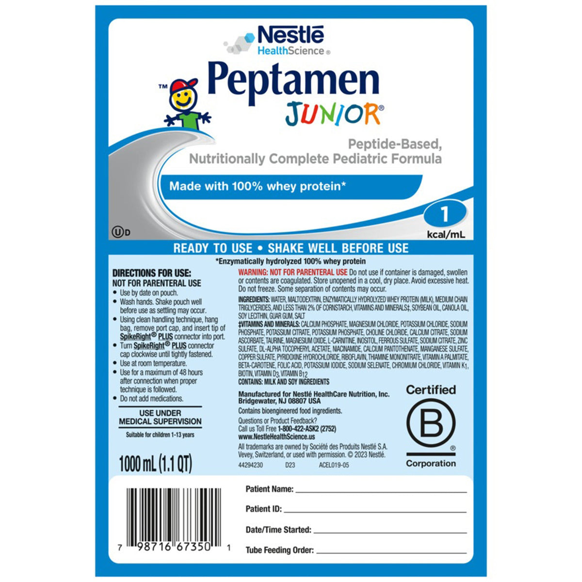 Peptamen Junior® Pediatric Tube Feeding Formula, 1000 mL Bag-Pediatric Tube Feeding Formula Peptamen Junior® Unflavored 1000 mL Bag Liquid Whey Protein Impaired GI Function
