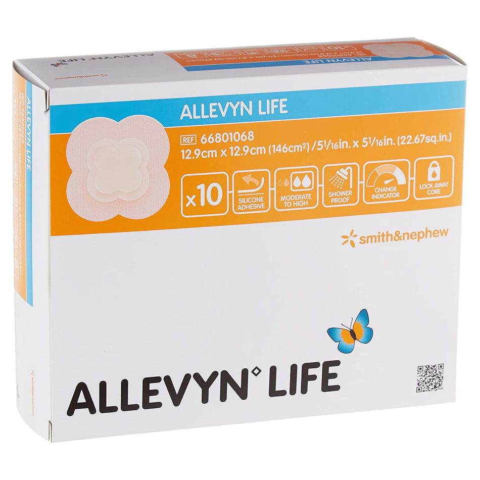 Allevyn Life Silicone Adhesive with Border Silicone Foam Dressing, 5� x 5� Inch-Foam Dressing Allevyn Life 5--1/16 X 5-1/16 Inch With Border Film Backing Silicone Gel Adhesive Quadrilobe Sterile