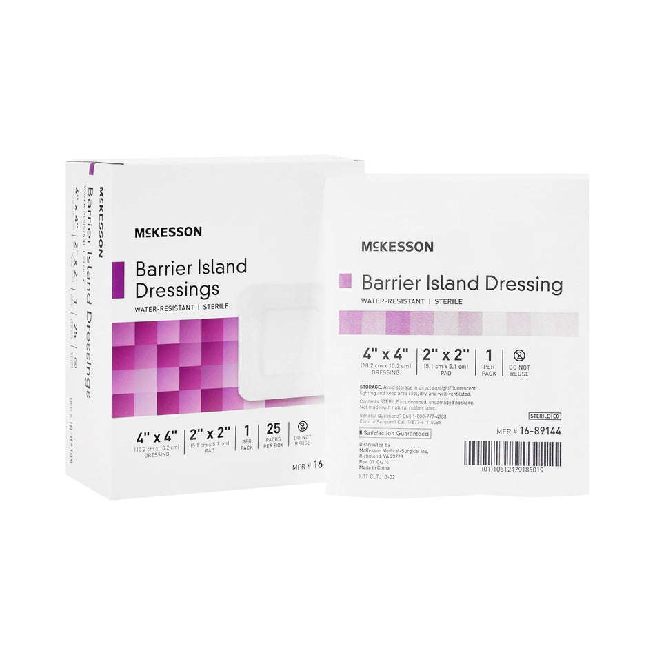 McKesson Composite Barrier Island Dressing, 4 x 4 Inch-Composite Dressing McKesson 4 X 4 Inch Square Sterile Water Resistant Film Backing