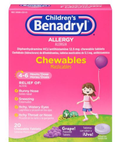 Benadryl Children's Allergy Chewable Tablets, Grape Flavor-Children's Allergy Relief Children's Benadryl 12.5 mg Strength Chewable Tablet 20 per Box