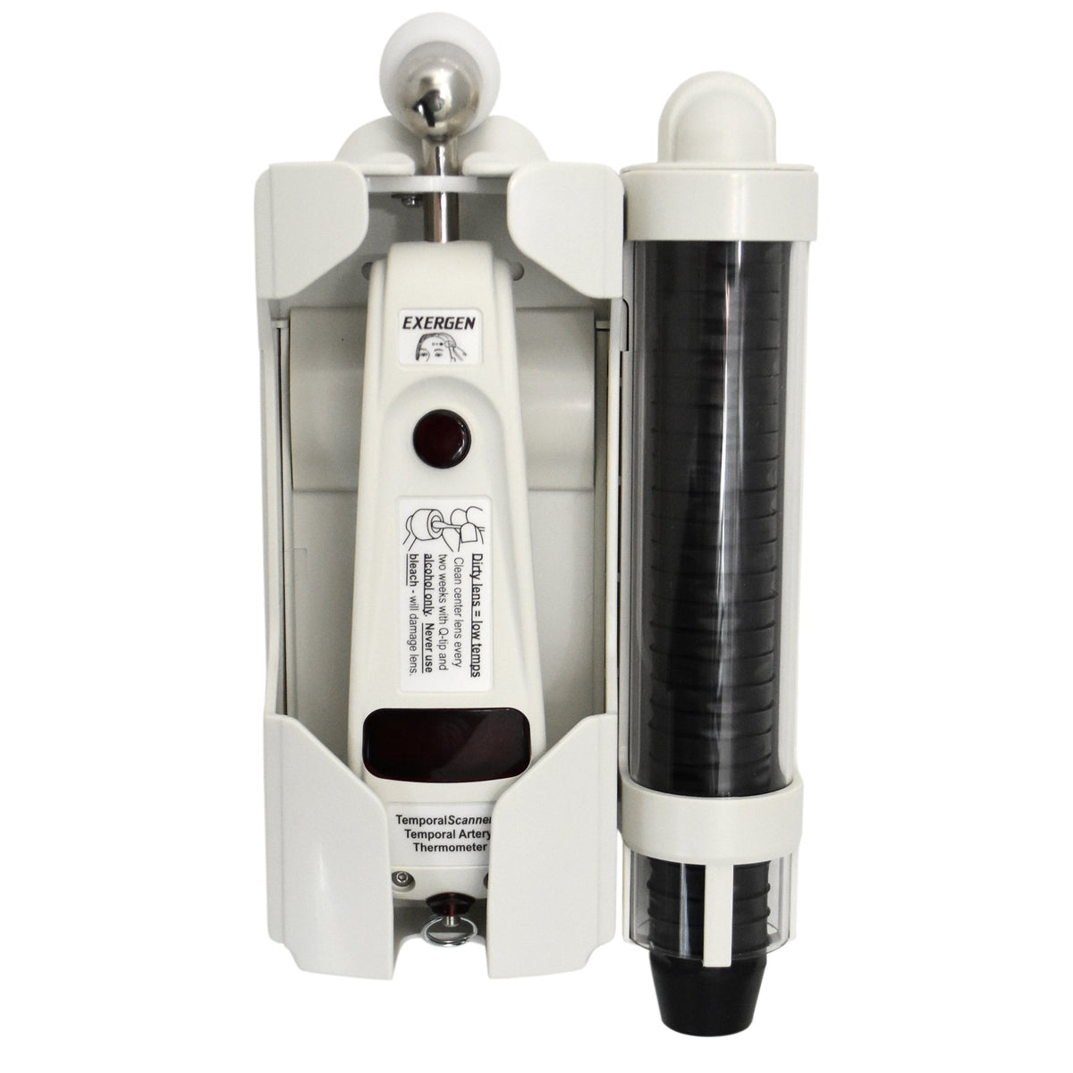 Exergen Instrument Holder-Keyless Locking Wall Mount Exergen Holder plus integrated cap dispenser shown with caps For TAT-5000 Temporal Thermometer and Caps