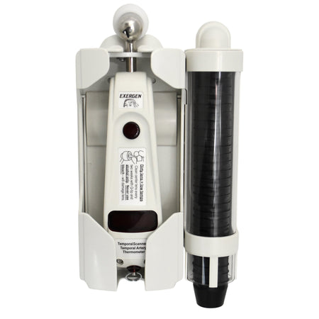 Exergen Instrument Holder-Keyless Locking Wall Mount Exergen Holder plus integrated cap dispenser shown with caps For TAT-5000 Temporal Thermometer and Caps