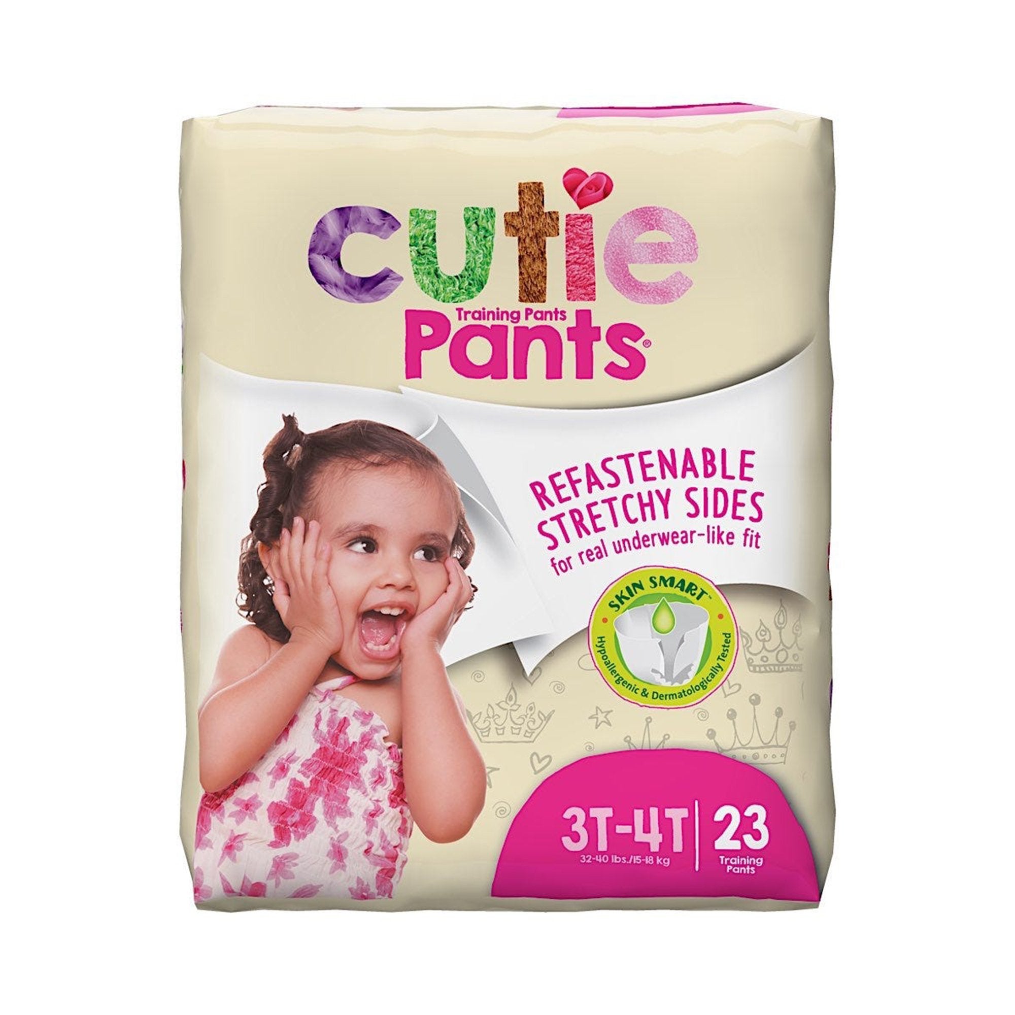 Cutie Pants Training Pants, Female, Toddler, Disposable, Heavy Absorbency, Pink Princess Print, 3T to 4T, 32 40 lbs-Female Toddler Training Pants Cutie Pants Size 3T to 4T Disposable Heavy Absorbency