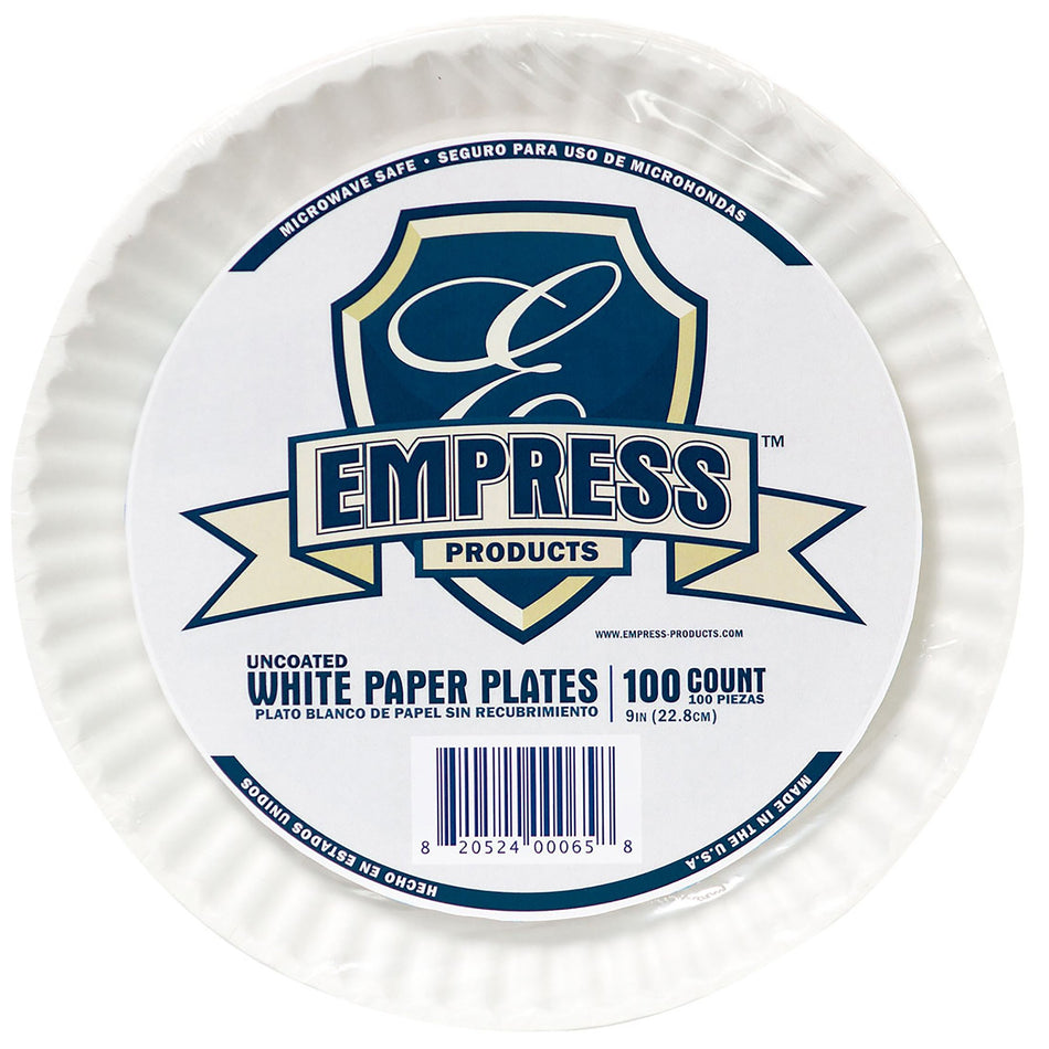 Empress White Paper Plate, 9-Inch-Plate Empress White Single Use Uncoated Paper 9 Inch Diameter