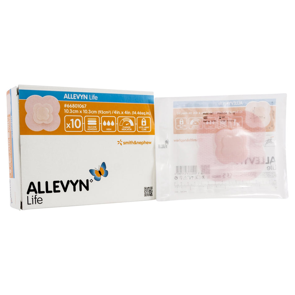 Allevyn Life Silicone Adhesive with Border Silicone Foam Dressing, 4 x 4 Inch-Foam Dressing Allevyn Life 4 X 4 Inch With Border Film Backing Silicone Gel Adhesive Quadrilobe Sterile