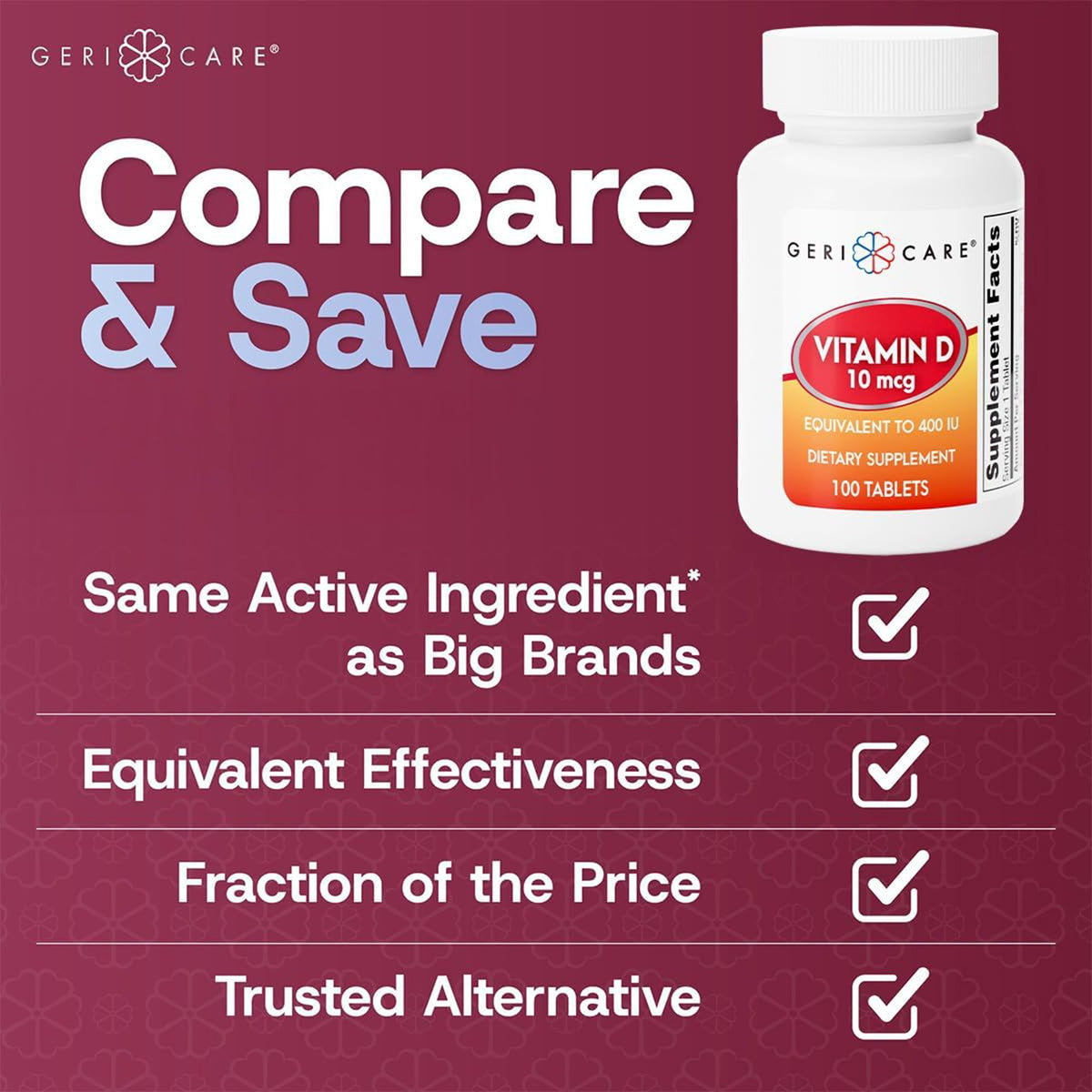 Geri-Care Vitamin D-3 Supplement-Vitamin Supplement Geri-Care Vitamin D3 400 IU Strength Tablet 100 per Bottle