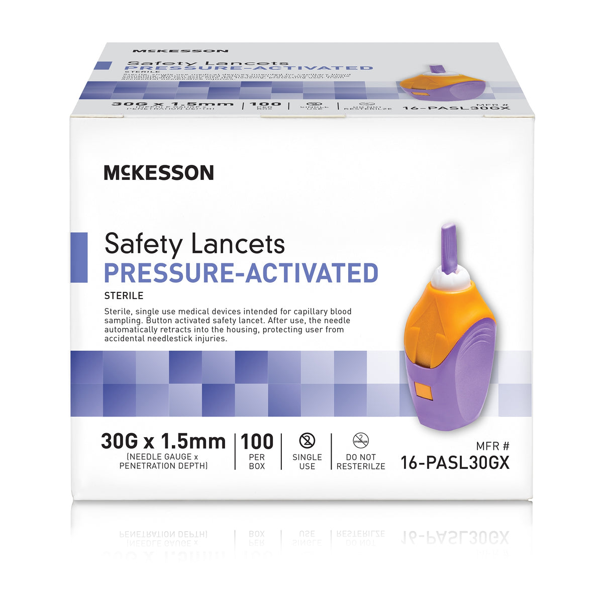 McKesson Pressure Activated Safety Lancets, 30 Gauge, Purple-Safety Lancet McKesson 30 Gauge Retractable Pressure Activated Finger