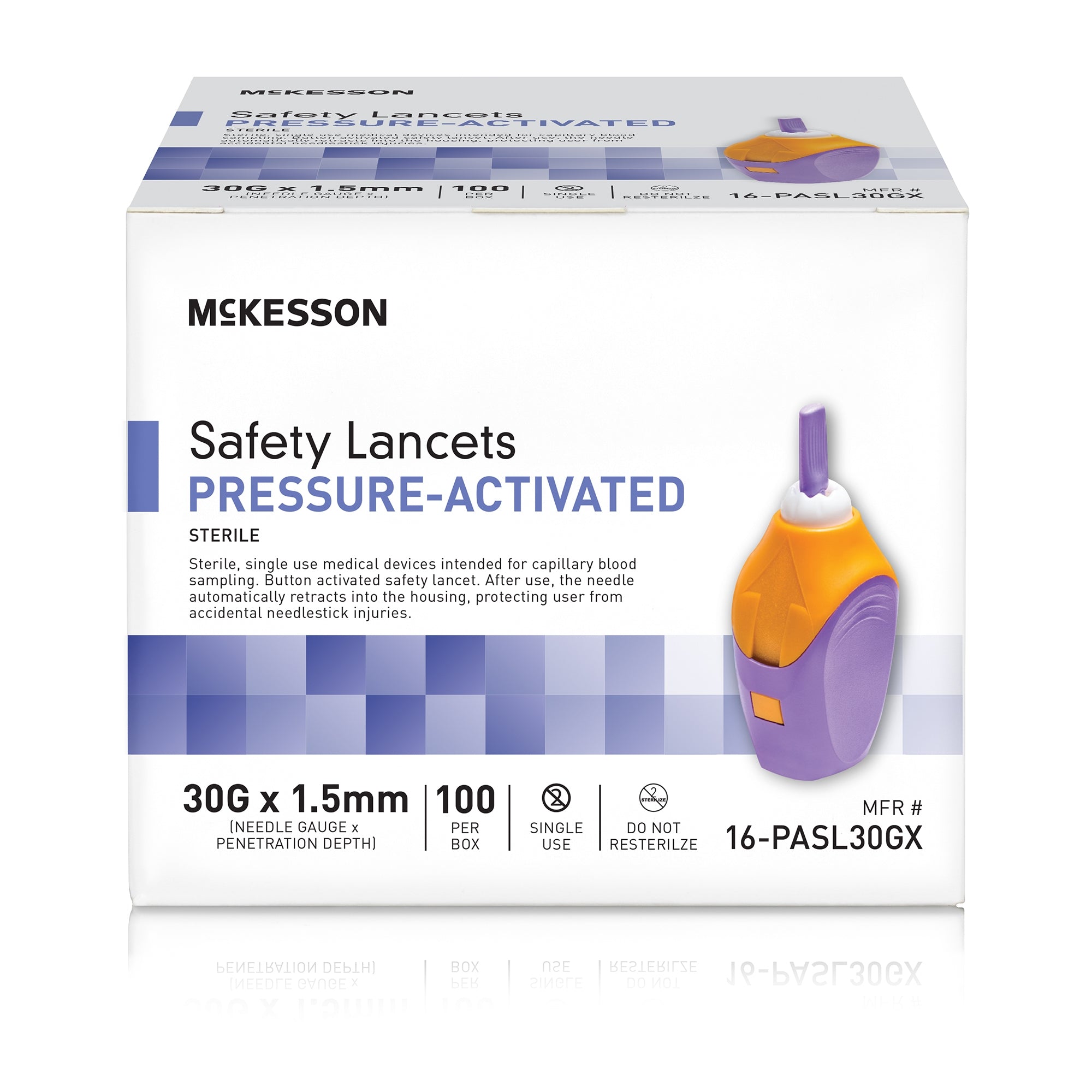McKesson Pressure Activated Safety Lancets, 30 Gauge, Purple-Safety Lancet McKesson 30 Gauge Retractable Pressure Activated Finger