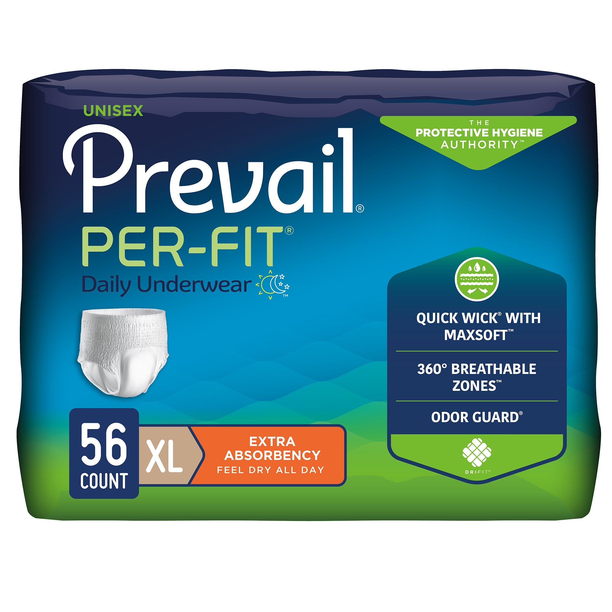 Prevail Per-Fit Extra Absorbent Underwear, Extra Large-Unisex Adult Absorbent Underwear Prevail Per-Fit Extra Pull On with Tear Away Seams X-Large Disposable Heavy Absorbency