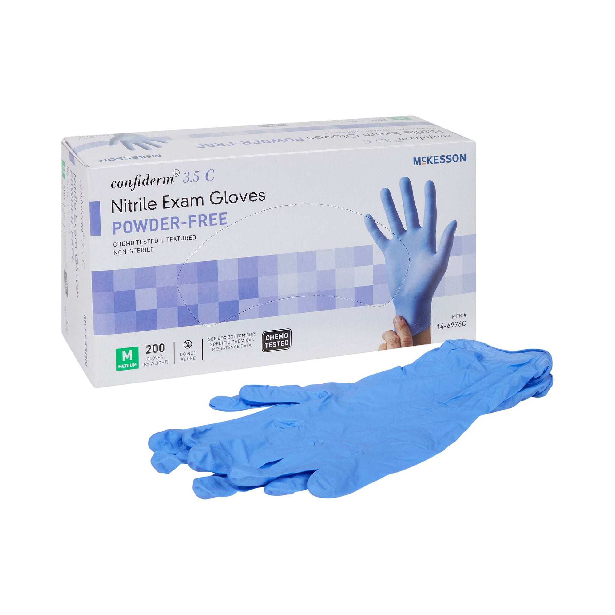 McKesson Confiderm 3.5C Nitrile Exam Glove, Medium, Blue-Exam Glove McKesson Confiderm 3.5C Medium NonSterile Nitrile Standard Cuff Length Textured Fingertips Blue Chemo Tested