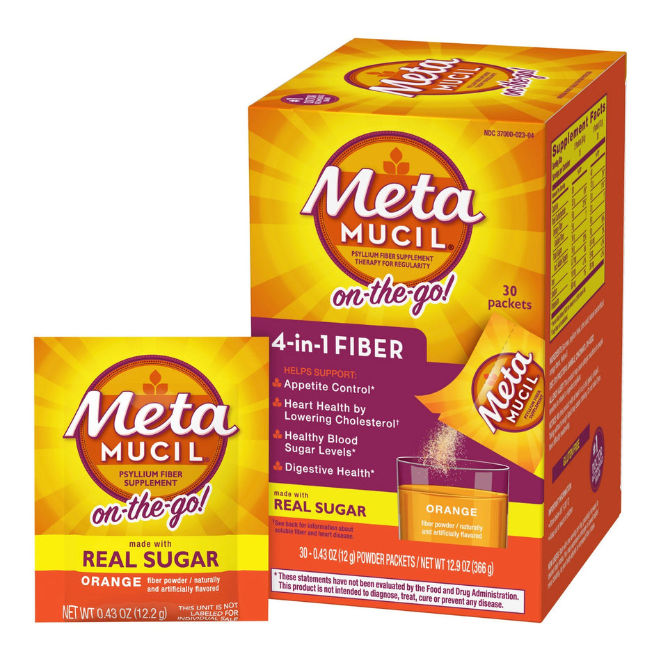 Metamucil Psyllium Fiber Supplement On-the-Go! Orange-Fiber Supplement Metamucil Orange Flavor Powder 30 per Box 3.4 Gram Strength Psyllium Husk