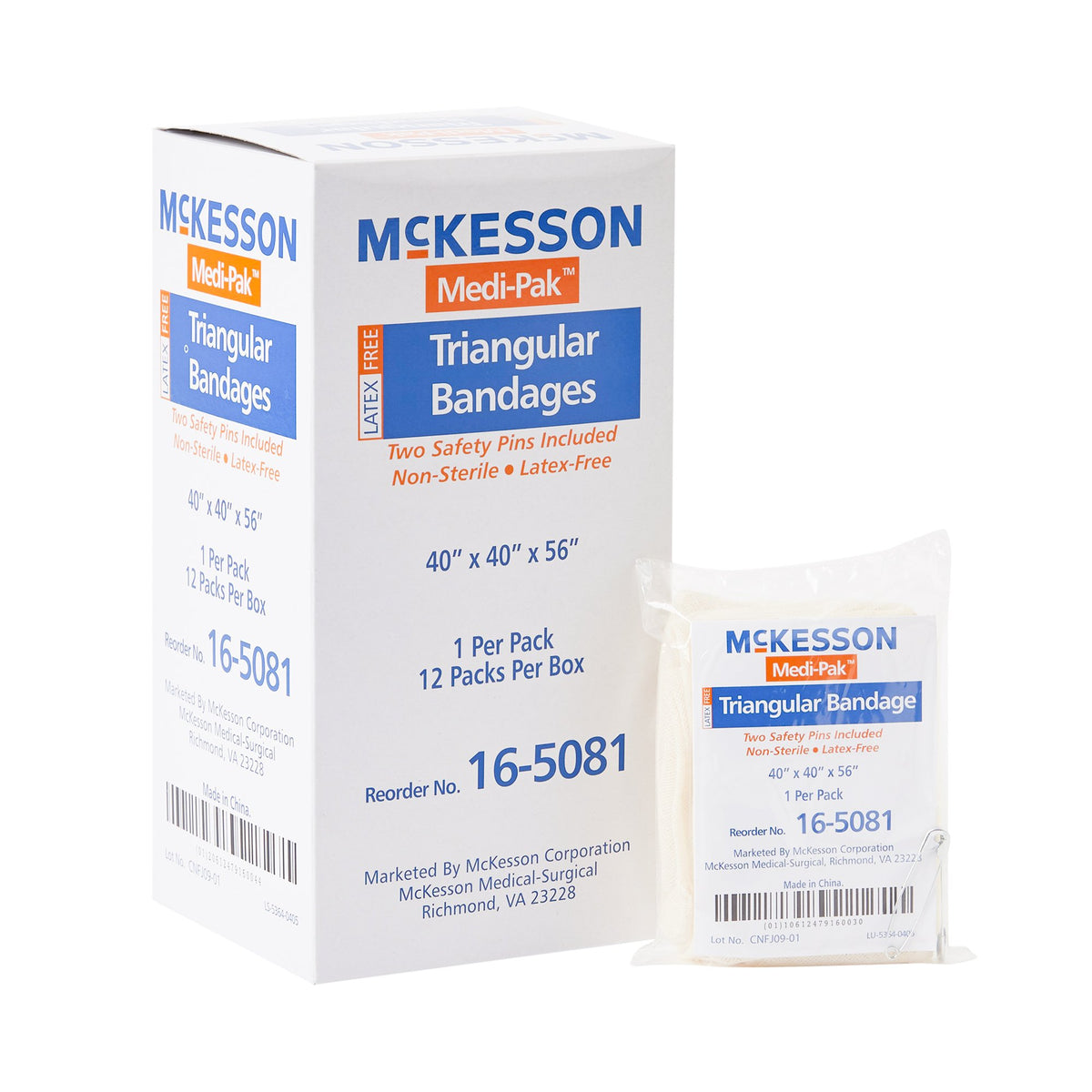 McKesson Triangular Bandage, 40 x 40 x 56 Inch-Triangular Bandage / Arm Sling McKesson Safety Pin One Size Fits Most