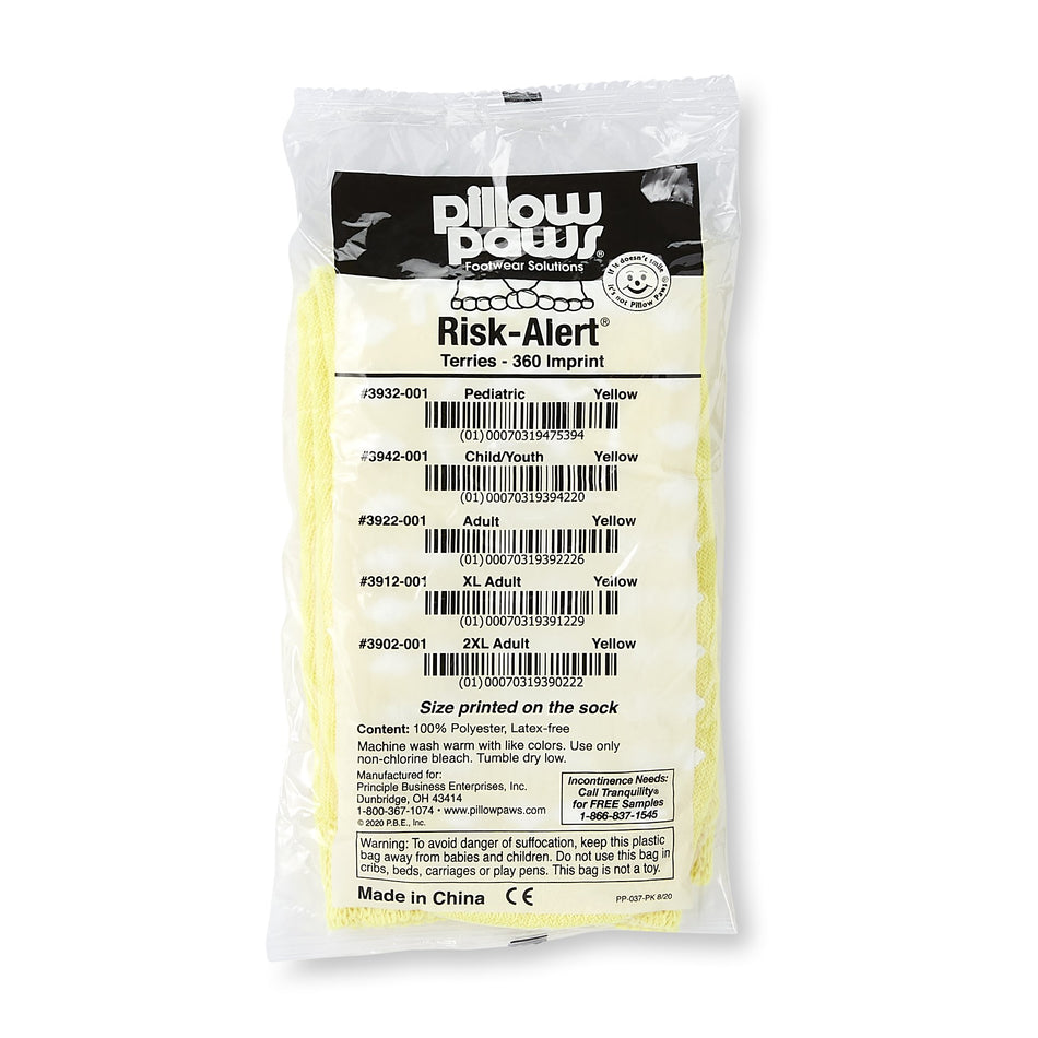 Pillow Paws Yellow Risk Alert Terries Slipper Socks, XL Adult-Slipper Socks Pillow Paws Risk Alert Terries Unisex Adult X-Large All Around Tread Single Patient Use Yellow