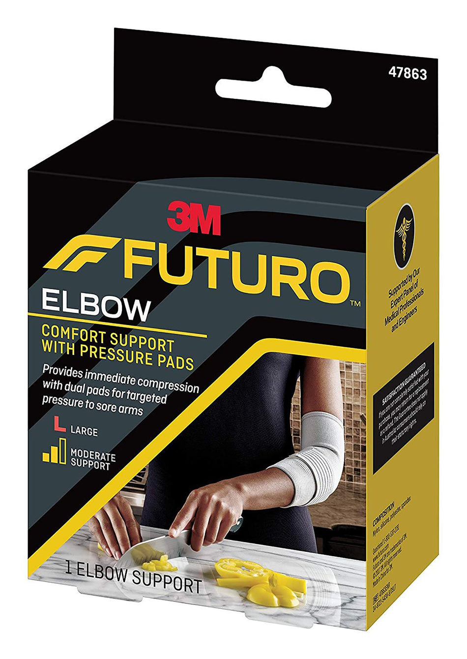 3M Futuro Comfort Elbow Support, Pressure Pads, Breathable, Elastic, Large-Elbow Support with Pressure Pads 3M Futuro Large Pull-On / Hook and Loop Strap Closure Sleeve Left or Right Elbow 11 to 12 Inch Elbow Circumference Gray