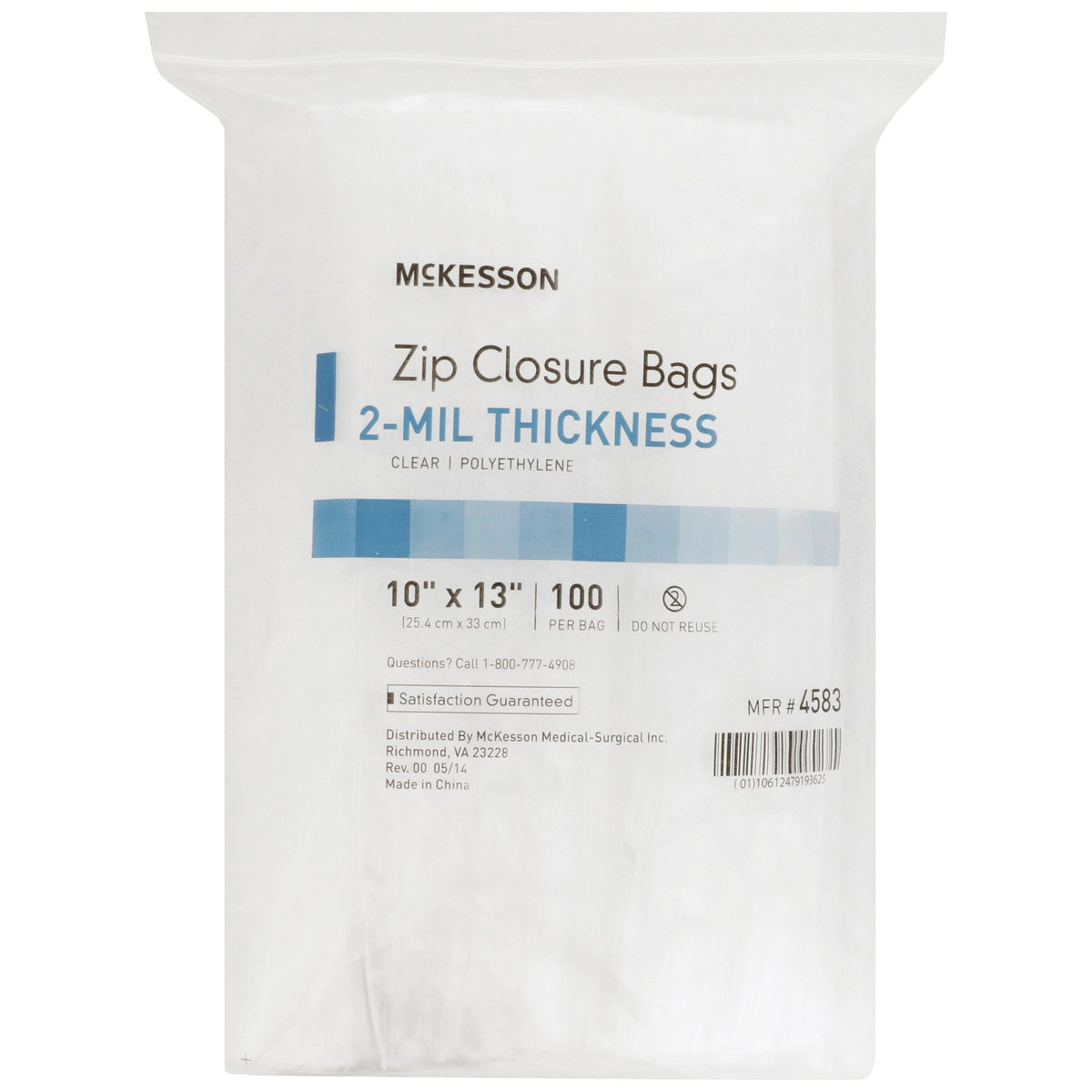 McKesson Zip Closure Bag, 10 X 13 Inches-Reclosable Bag McKesson 10 X 13 Inch Polyethylene Clear Zipper Closure