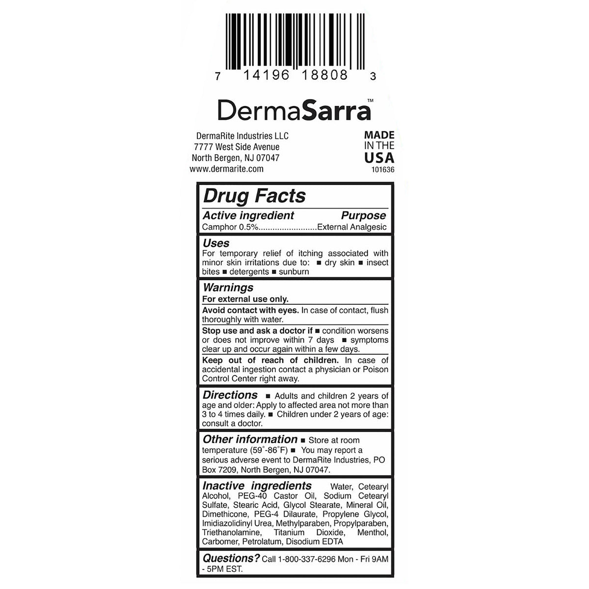 DermaSarra Camphor / Menthol Itch Relief-Itch Relief DermaSarra 0.5% - 0.5% Strength Lotion 7.5 oz. Bottle