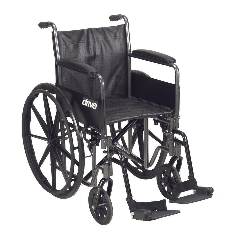 drive� Silver Sport 2 Wheelchair, 20 Inch Seat Width-Wheelchair drive� Silver Sport 2 Dual Axle Desk Length Arm Swing-Away Footrest Black Upholstery 20 Inch Seat Width Adult 350 lbs. Weight Capacity