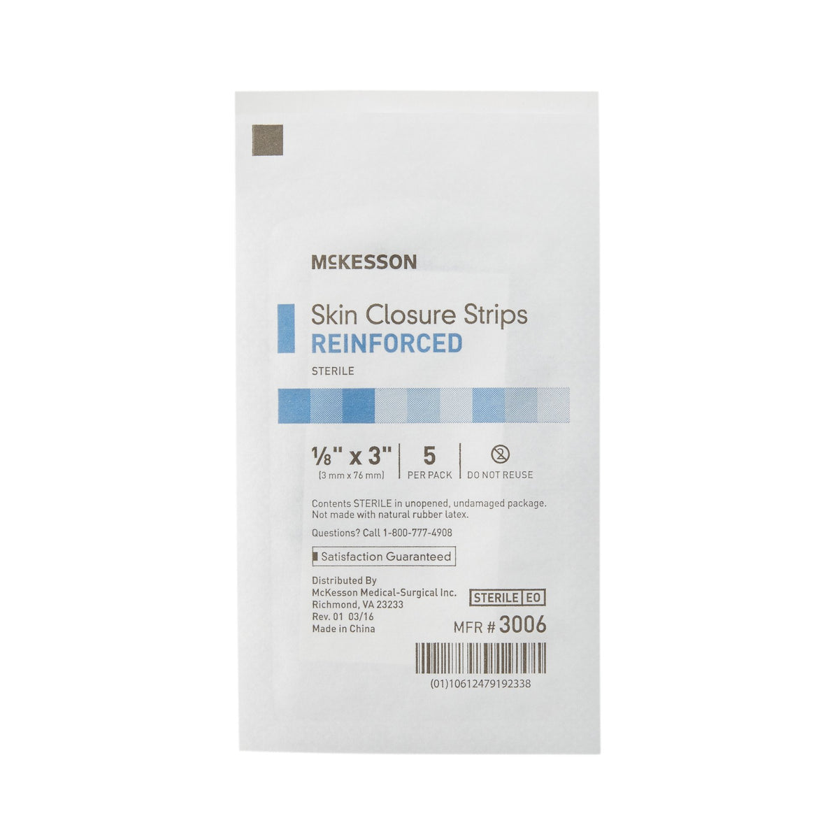 McKesson Skin Closure Strip, 1/8 X 3 Inches-Skin Closure Strip McKesson 1/8 X 3 Inch Nonwoven Material Reinforced Strip White