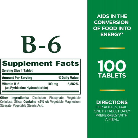 Nature's Bounty Vitamin B-6 100 mg Tablets-Vitamin Supplement Nature's Bounty Vitamin B6 100 mg Strength Tablet 100 per Bottle